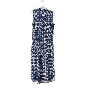 VINCE Sleeveless Silk Blue & White Ikat Print Midi Dress w/ Pockets, Size S